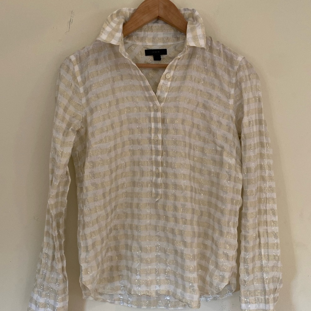 J Crew ivory gold silver metallic plaid popover shirt Sz 2